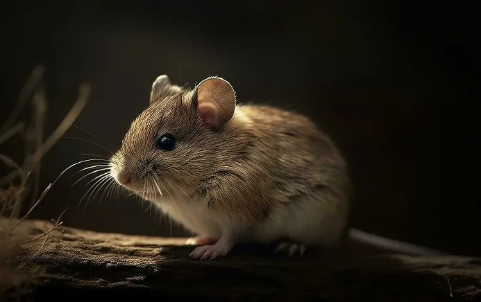 A mouse on a branch in low light