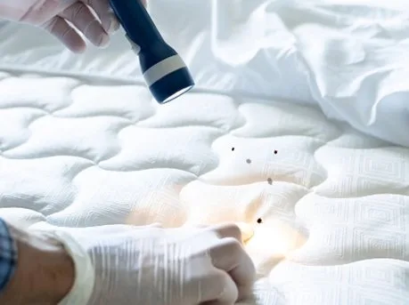 Inspecting a mattress seam for bed bugs with a torch