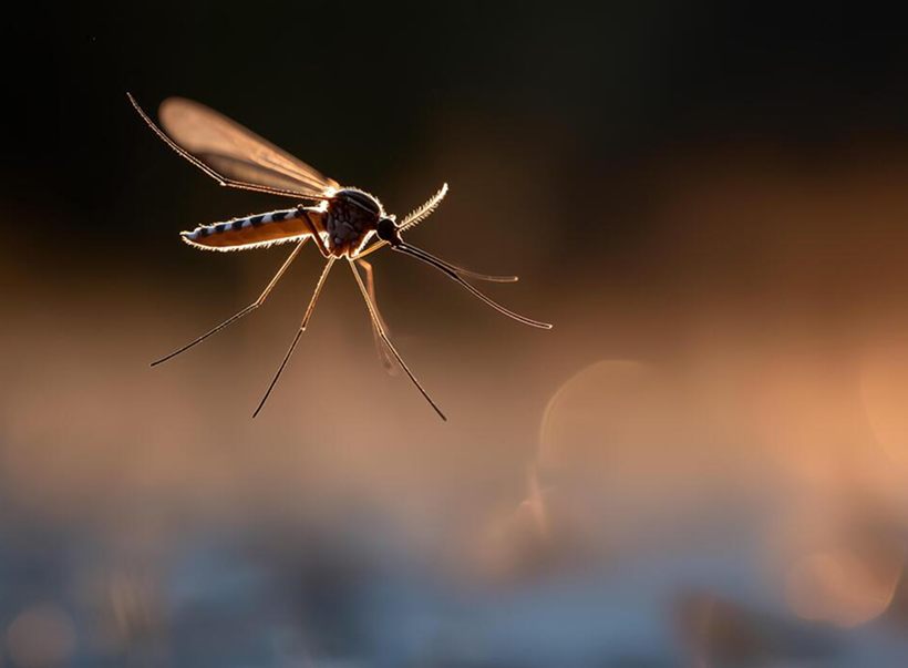 A mosquito in flight at dusk