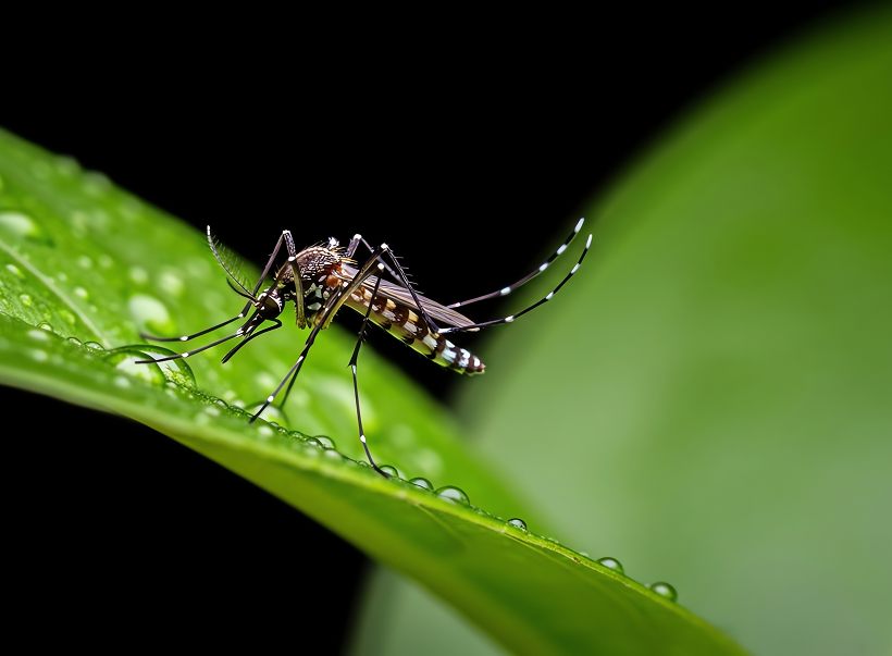 A mosquito resting on a wet leaf