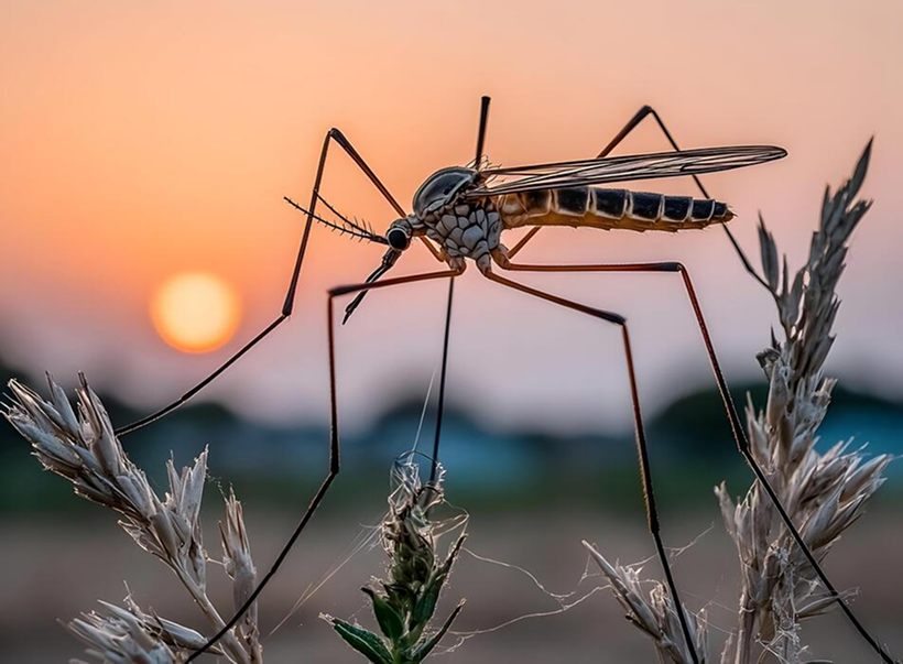 A mosquito on a grass stem at sunset