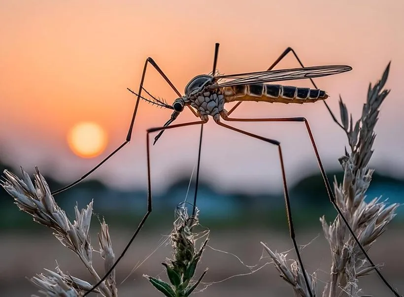 A mosquito on a grass stem at sunset