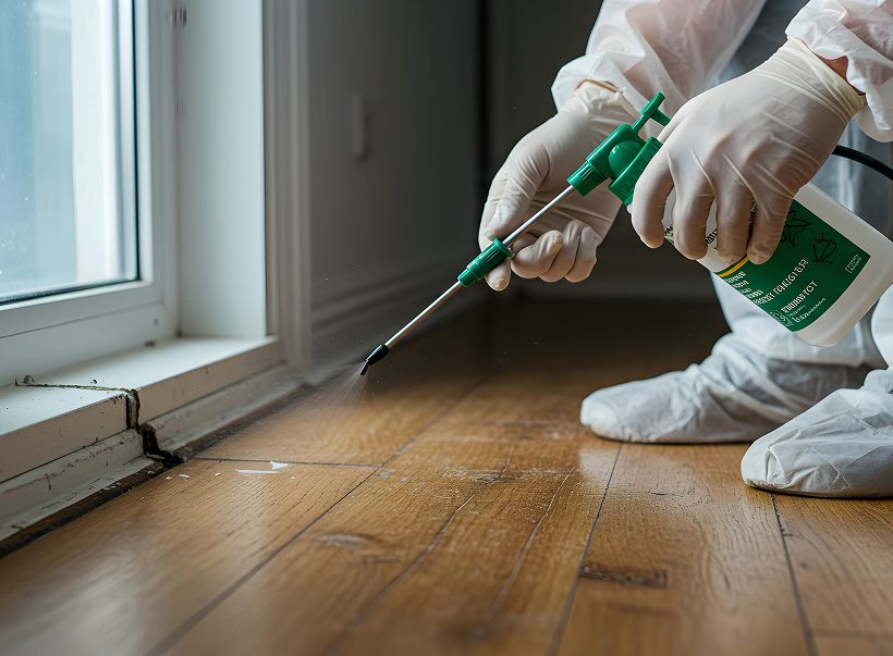 A technician applying treatment along a baseboard