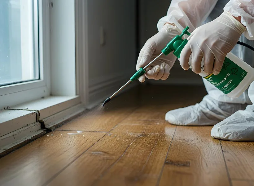 A technician applying treatment along a baseboard