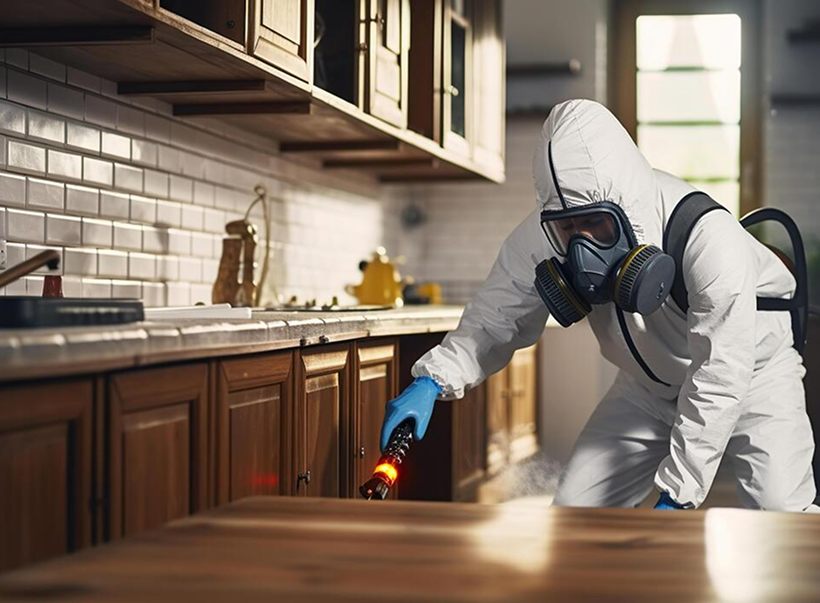 A pest control technician treating a kitchen