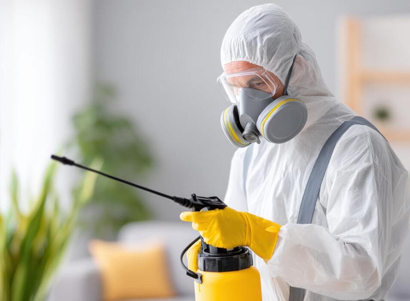A pest control technician treating a room
