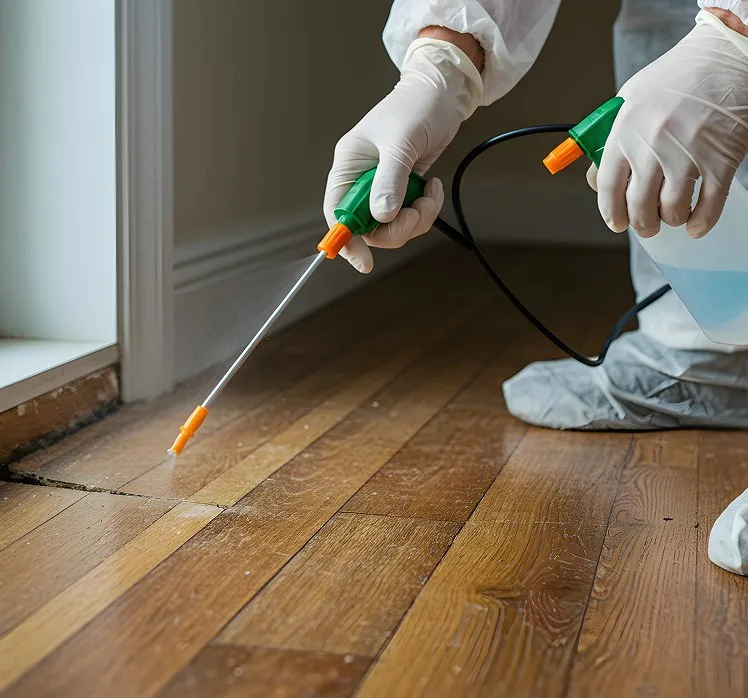 Gloved hands treating the join between a wooden floor and a baseboard