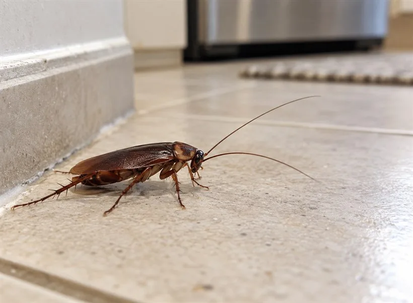 A cockroach on a kitchen tile floor beside a skirting board