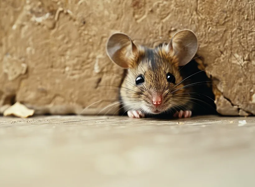 A mouse looking out from a hole in a wall